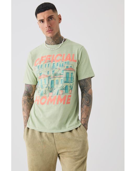 BoohooMAN Green Tall Official Landscape Printed T-shirt In Light Sage for men