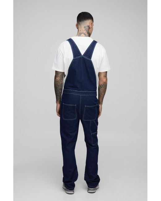 BoohooMAN Blue Tall Straight Leg Contrast Stitch Dungarees for men