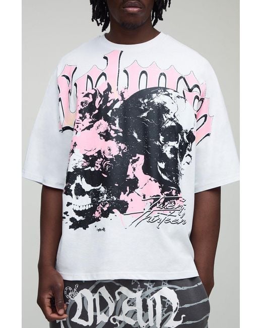 BoohooMAN Tall kastiges Oversize T-Shirt mit Totenkopf-Print in White für Herren