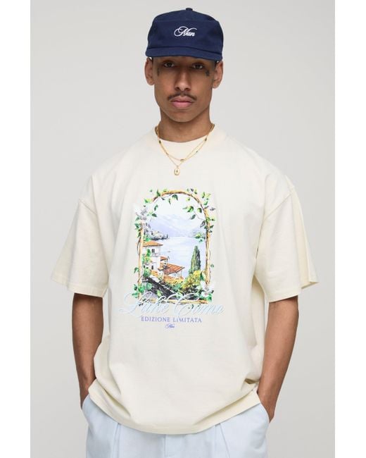 BoohooMAN White Ecru Oversized Extended Neck Lake Como Window Graphic T Shirt for men