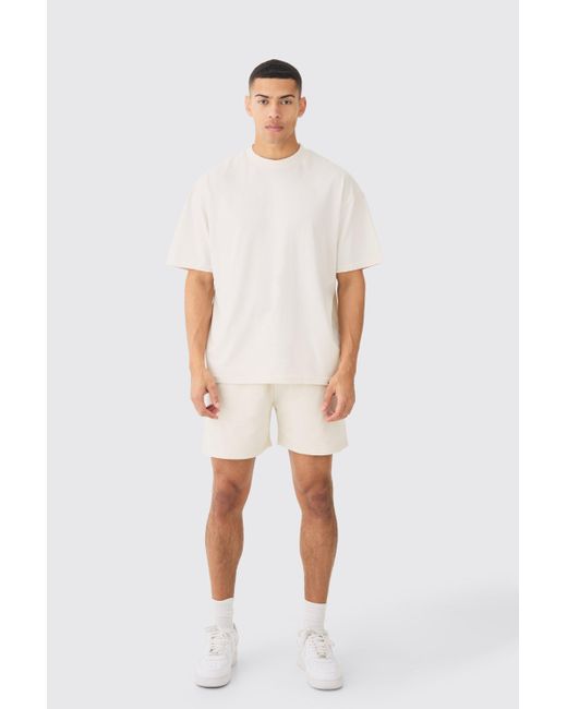 BoohooMAN White Oversized Extended Neck Heavyweight Tshirt & Shorts Set for men