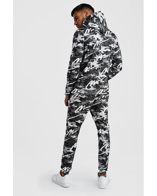 all over man printed hooded tracksuit black