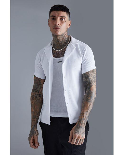 BoohooMAN Gray Short Sleeve Revere Stretch Fit Pleated Shirt for men