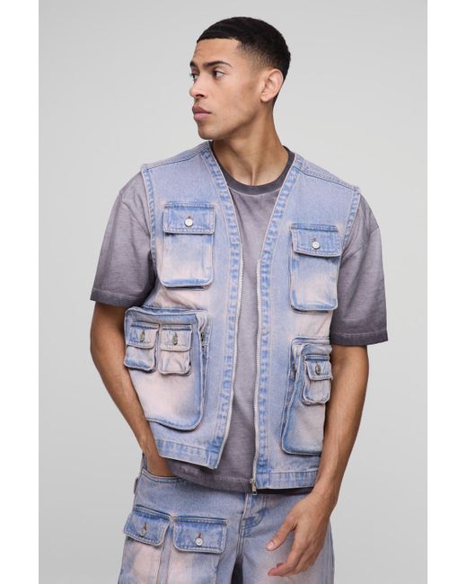 BoohooMAN Kastige pinke Utility-Jeansweste in Blue für Herren