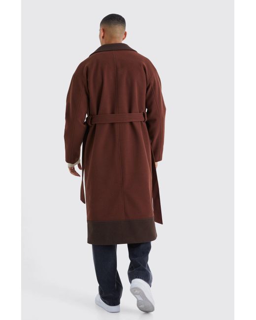 BoohooMAN Brown Longline Colour Block Belted Overcoat for men
