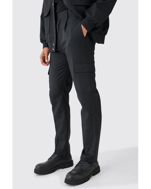 BoohooMAN Black Tailored Straight Fit Cargo Trousers for men