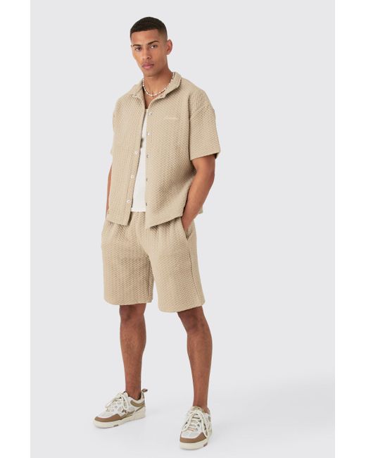BoohooMAN Natural Oversized Boxy Embroided Polo And Short Set for men