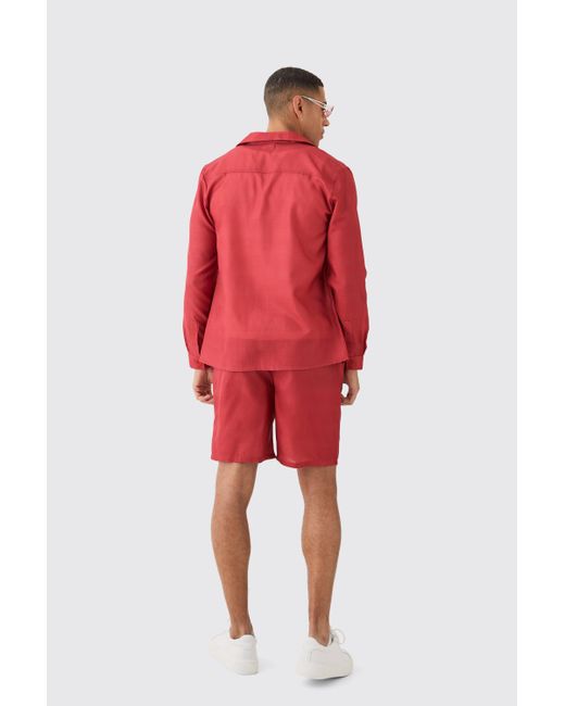 BoohooMAN Red Linen Look Tonal Floral Shoulder Shirt & Short for men