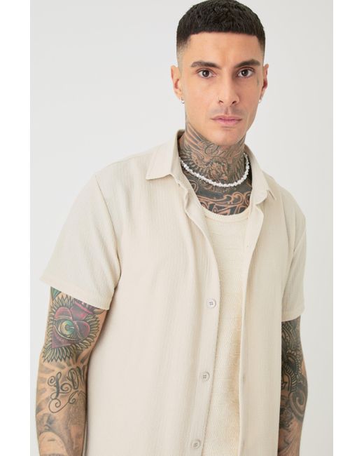 BoohooMAN Natural Tall Short Sleeve Regular Textured Shirt In Stone for men