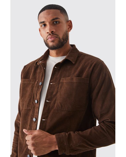 BoohooMAN Brown Tall Cord Cargo Overshirt for men