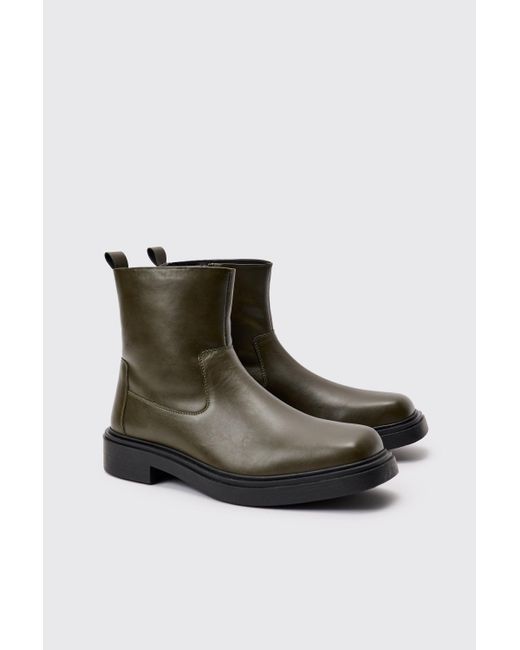 Boohoo Brown Pu Square Toe Zip Up Boot In Green