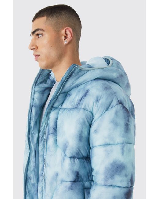 BoohooMAN Blue Tie Dye Quilted Puffer With Hood for men