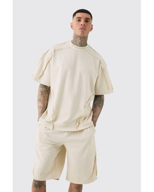 BoohooMAN Natural Tall Oversized Extended Neck Distressed Seam T-shirt & Short Set for men