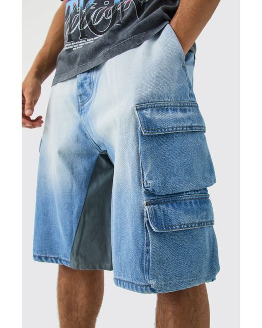 BoohooMAN Blue Multi Pocket Gusset Detail Denim Parachute Shorts for men