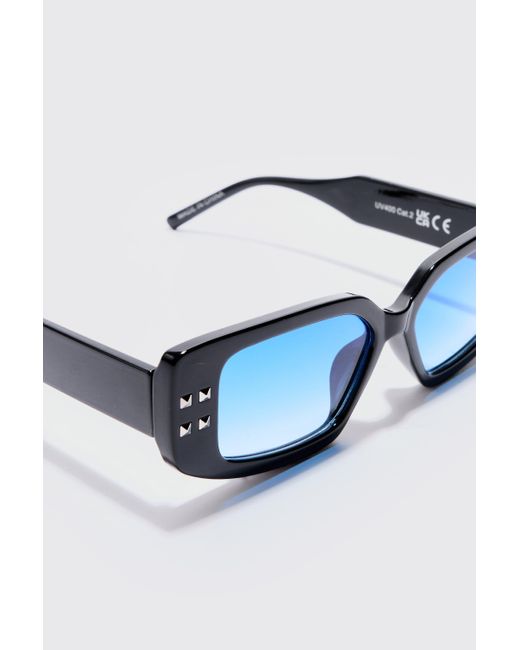 BoohooMAN Chunky Rectangle Sunglasses With Blue Lens In Black for men