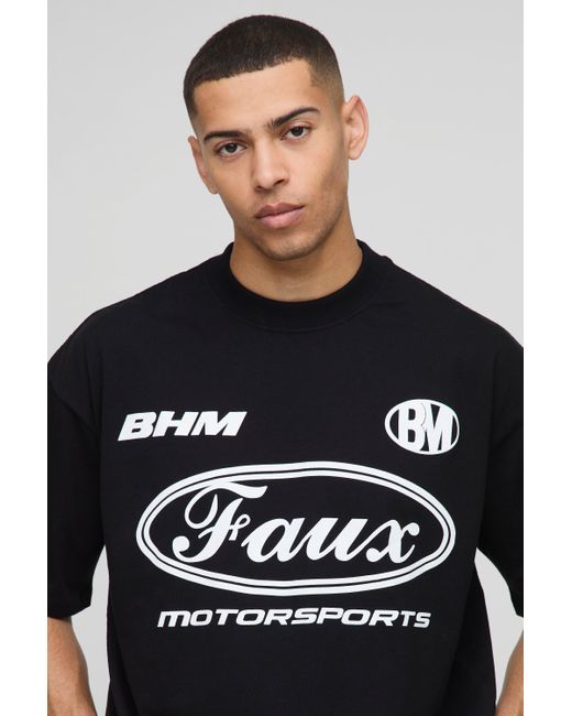 Camiseta Oversize Recta Con Cuello Extendido Y Estampado Gráfico De Motociclismo Boohoo de color Black