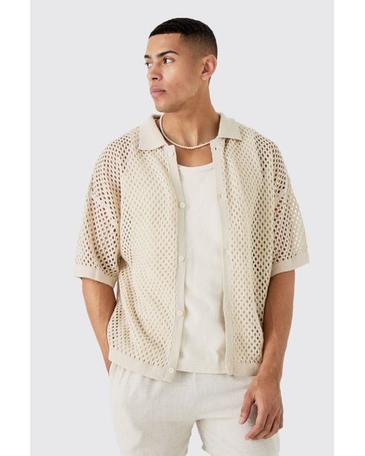 BoohooMAN Natural Oversized Boxy Fit Crochet Shirt In Stone for men