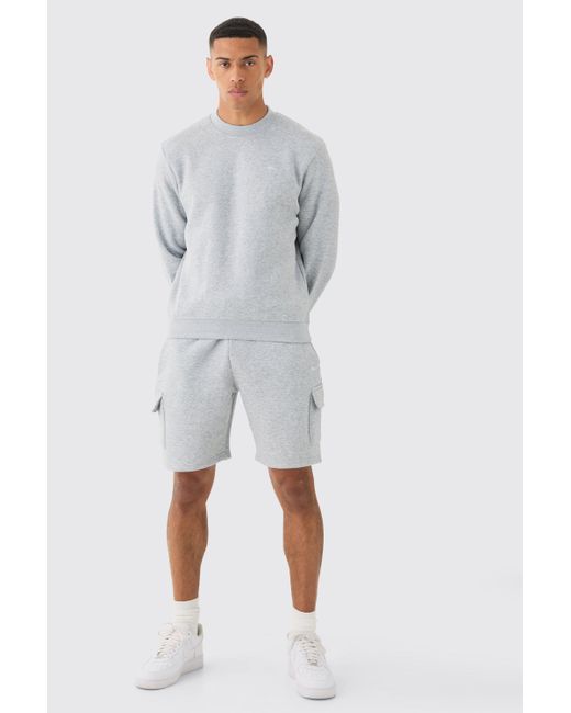 BoohooMAN Gray Signature Extended Neck Cargo Sweat Short Tracksuit for men