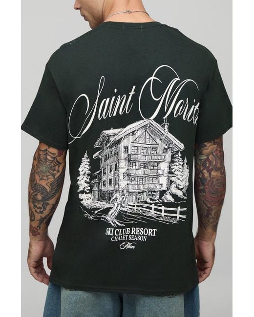 BoohooMAN Black Forest Oversized Saint Moritz Chalet Printed T-Shirt for men
