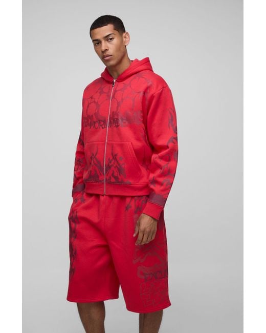 BoohooMAN Red Oversized Boxy All Over Print Jort Zip Through Tracksuit for men