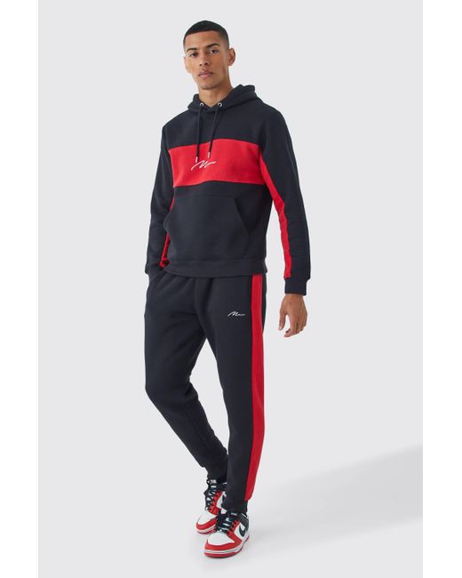 BoohooMAN Red Man Signature Slim Colour Block Hooded Tracksuit for men