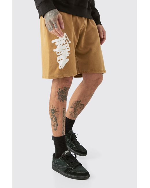 BoohooMAN Brown Tall Loose Fit Overdye Graffiti Jersey Shorts for men