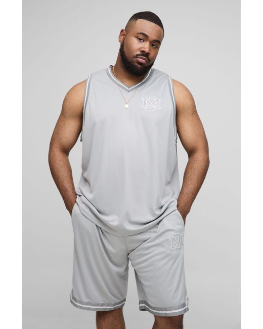 BoohooMAN Gray Plus Bm Embroidered Oversized Tank & Basketball Short Set for men
