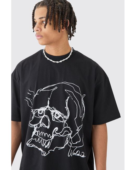 BoohooMAN Black Oversized Boxy Extended Neck Skull T-shirt for men