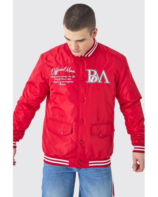 BoohooMAN Red Tall Nylon Varsity Jacket With Badges for men