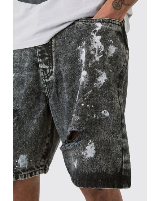 BoohooMAN Tall Washed Black Paint Splatter Relaxed Denim Shorts for men