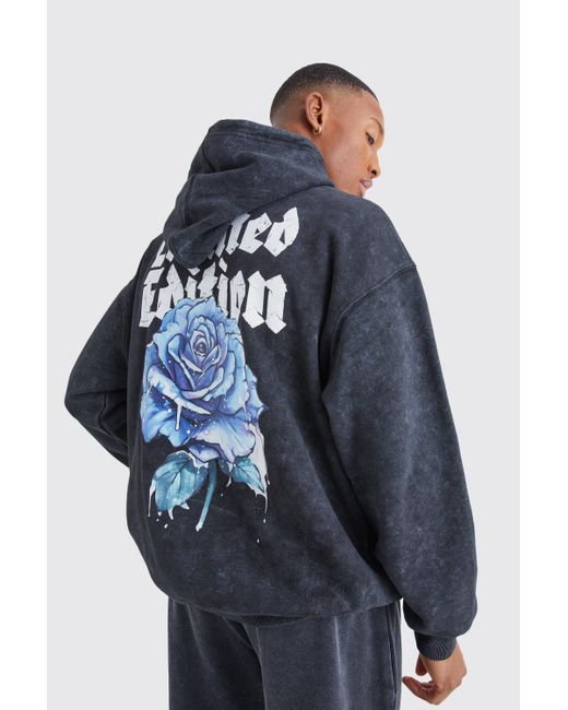 BoohooMAN Blue Oversized Acid Wash Rose Graphic Hoodie for men