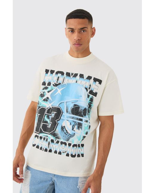 BoohooMAN White Oversized Extended Neck Varsity Halmet Wash T-shirt for men