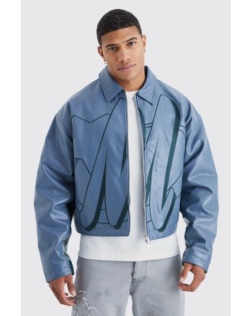 BoohooMAN Blue Boxy Pu Contrast Embroidery Bomber for men