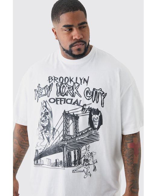 BoohooMAN Plus Oversized Official City Print T-shirt in White für Herren