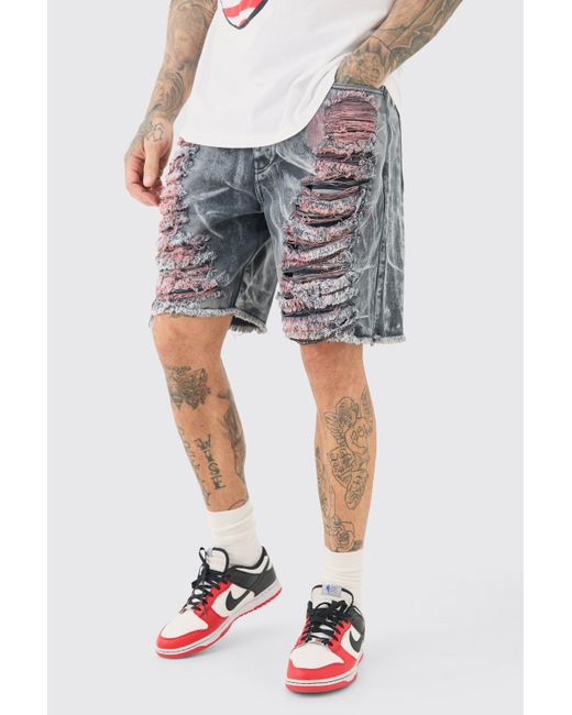 BoohooMAN Tall Extreme Rip Acid Wash Relaxed Fit Short in Black für Herren