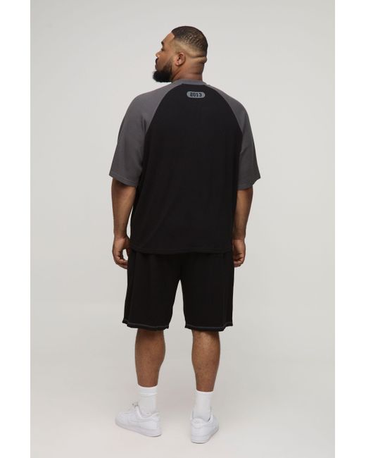 BoohooMAN Black Plus Oversized Boxy Raglan Waffle Graphic T-Shirt & Short Set for men