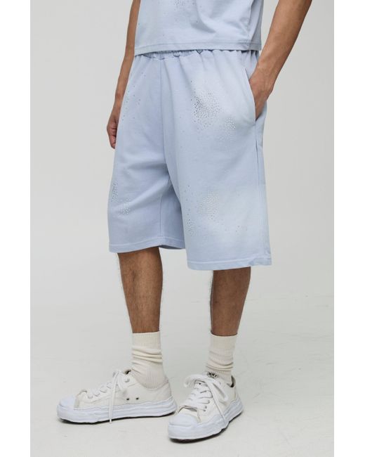 Pantalón Corto Oversize De Tela Jersey Con Lavado A La Piedra E Incrustaciones Boohoo de color Blue