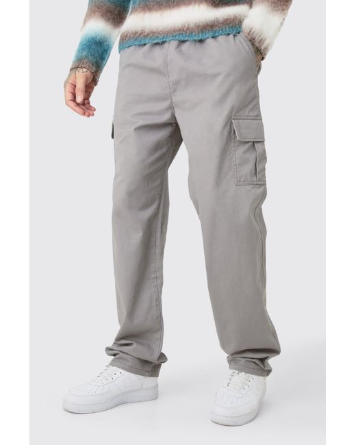 BoohooMAN Gray Tall Fixed Waist Twill Straight Leg Cargo Tab Pants for men