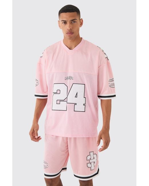 BoohooMAN Pink Mesh & Satin Applique Varsity T-shirt & Short Set for men