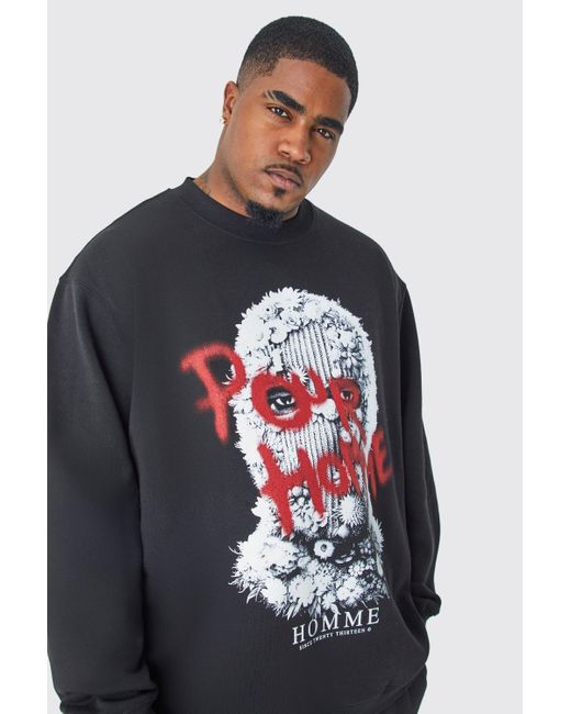 BoohooMAN Gray Plus Oversized Homme Balaclava Print Graphic Sweatshirt for men