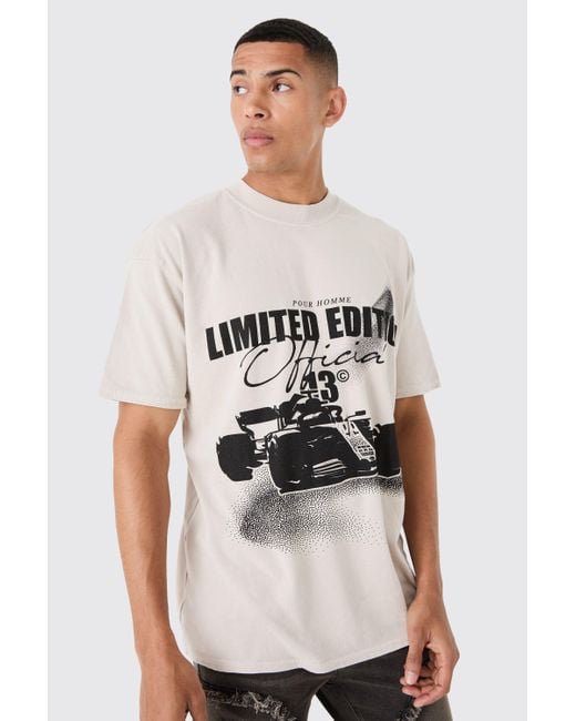 BoohooMAN Natural Loose Washed Race Car Print T-shirt for men