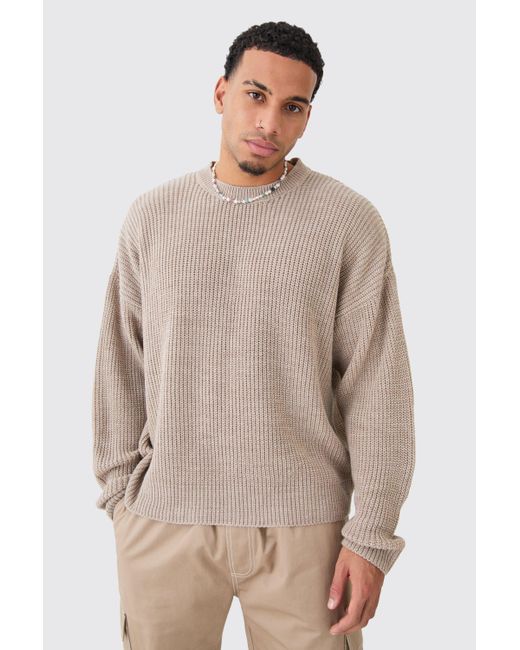BoohooMAN Natural Boxy Crew Neck Ribbed Knitted Jumper for men
