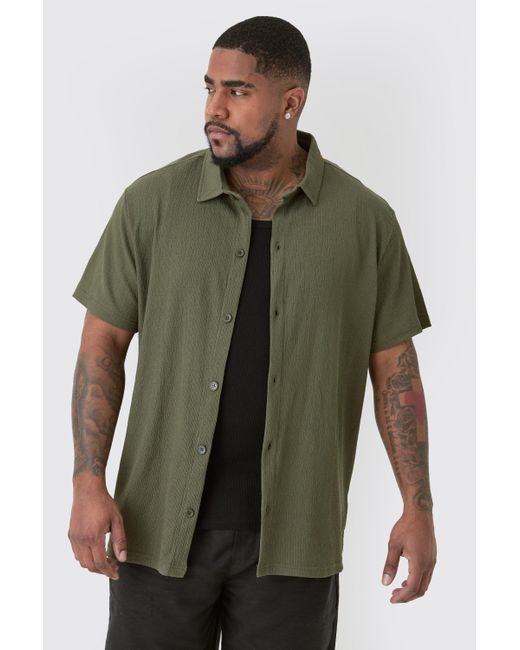 BoohooMAN Green Plus Short Sleeve Regular Textured Shirt In Khaki for men