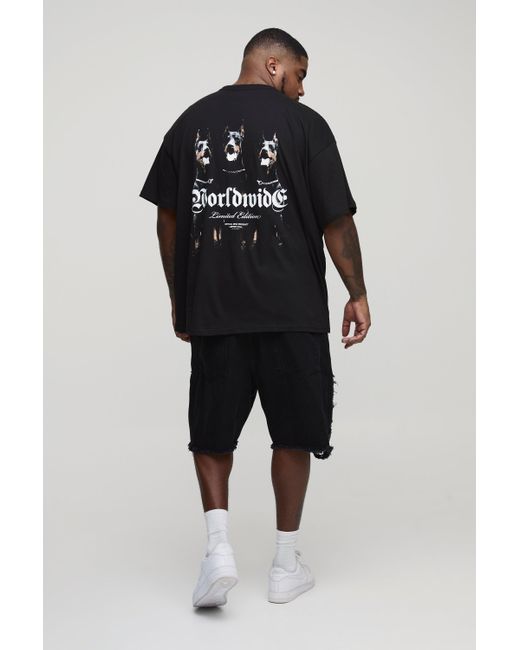 BoohooMAN Black Plus Relaxed Ripped Gusset Denim Shorts for men
