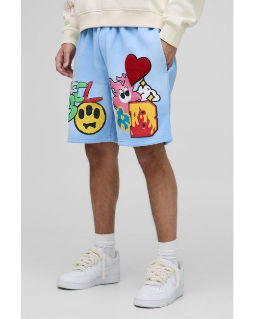 BoohooMAN Blue Relaxed Fit Ofcl Puff Print Shorts for men
