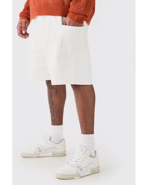 BoohooMAN White Plus Relaxed Heavyweight Ribbed Cargo Short for men
