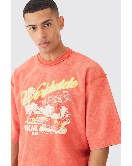 BoohooMAN Orange Reverse Loopback Printed Half Sleeve Sweatshirt for men