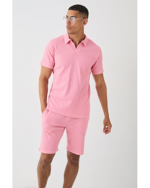 BoohooMAN Slim Waffle Revere Polo And Shorts Set in Pink für Herren