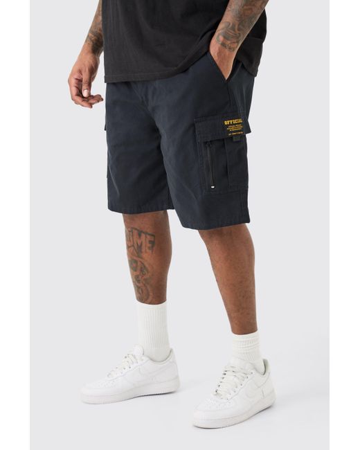 BoohooMAN Black Plus Fixed Waist Twill Relaxed Cargo Zip Detail Tab Short for men