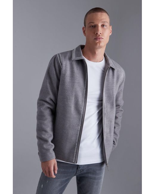 Boohoo Wool Look Harrington With Rhinestones in Gray | Lyst